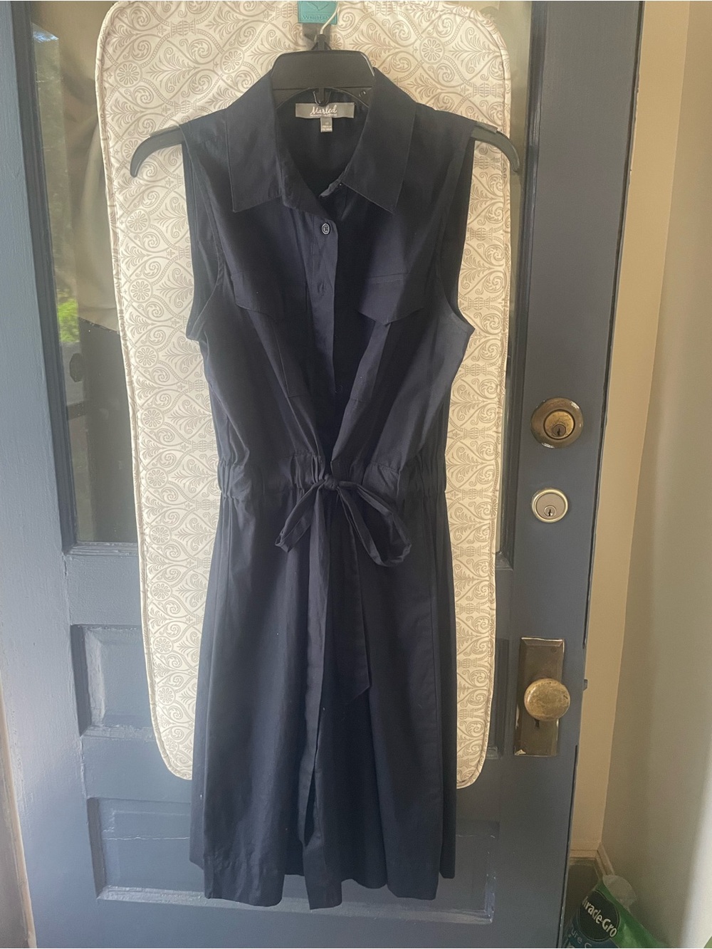 Marled Navy Tie-Waist Midi Shirt Dress